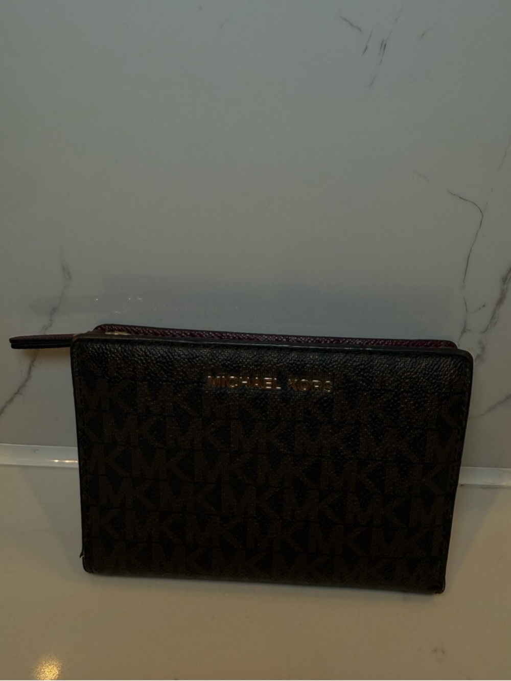 Michael Kors Brown Pink Burgundy Folding Wallet with Logo and Zipper